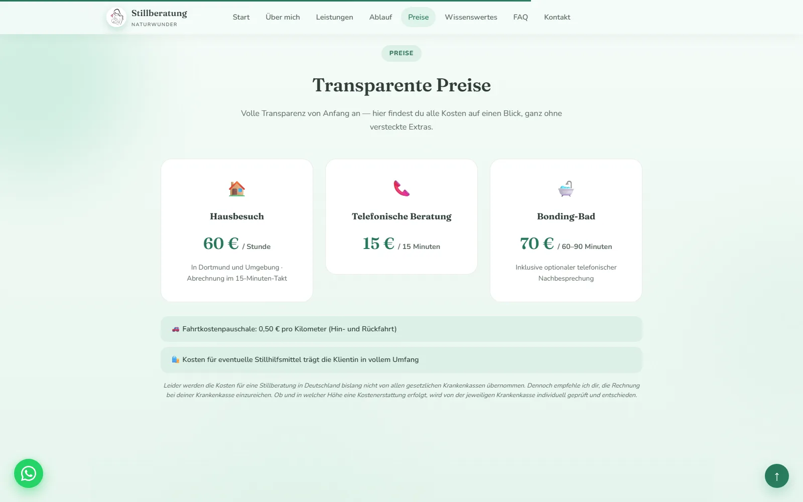 Website Stillberatung Naturwunder, Abschnitt Preise